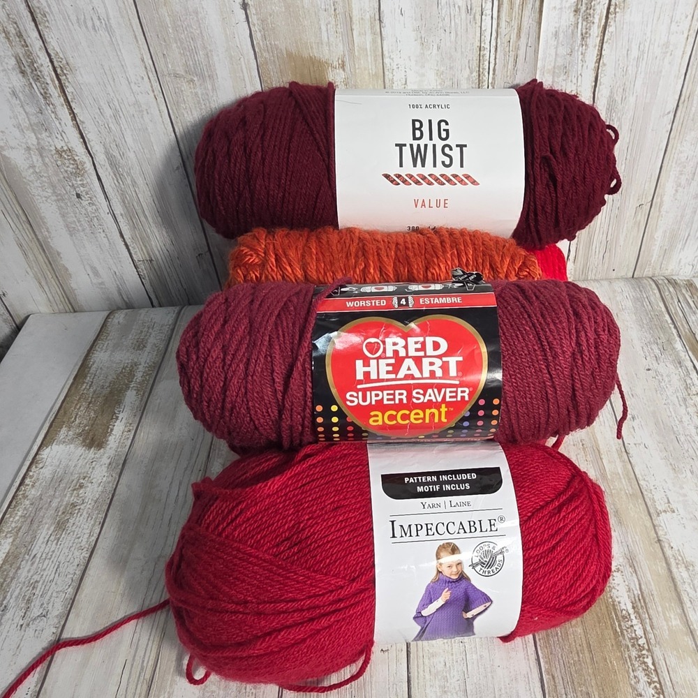 Red Burgundy Orange Yarn Lot Big Twist Red Heart Loops & Threads 6 Skeins